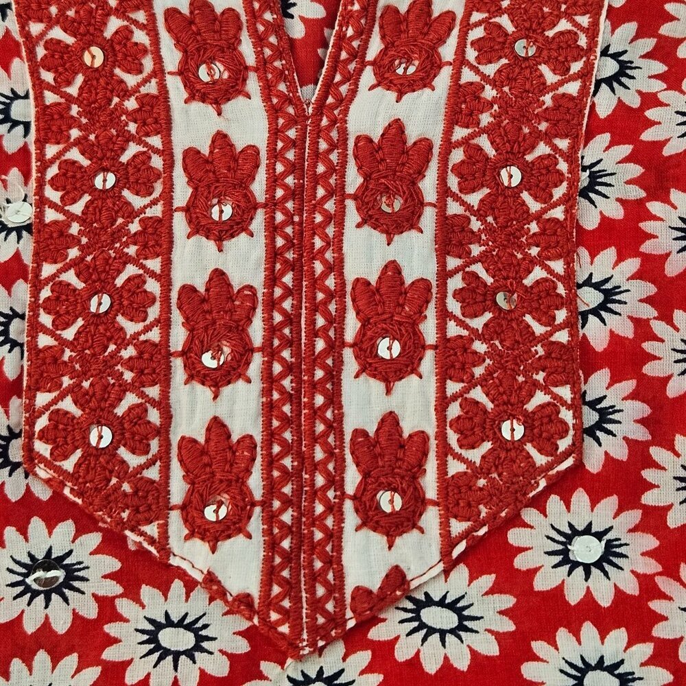 Tory Burch Red Jayne Mod Flower-Print Sequin Lace Tunic Size 8 Boho - Picture 4 of 11